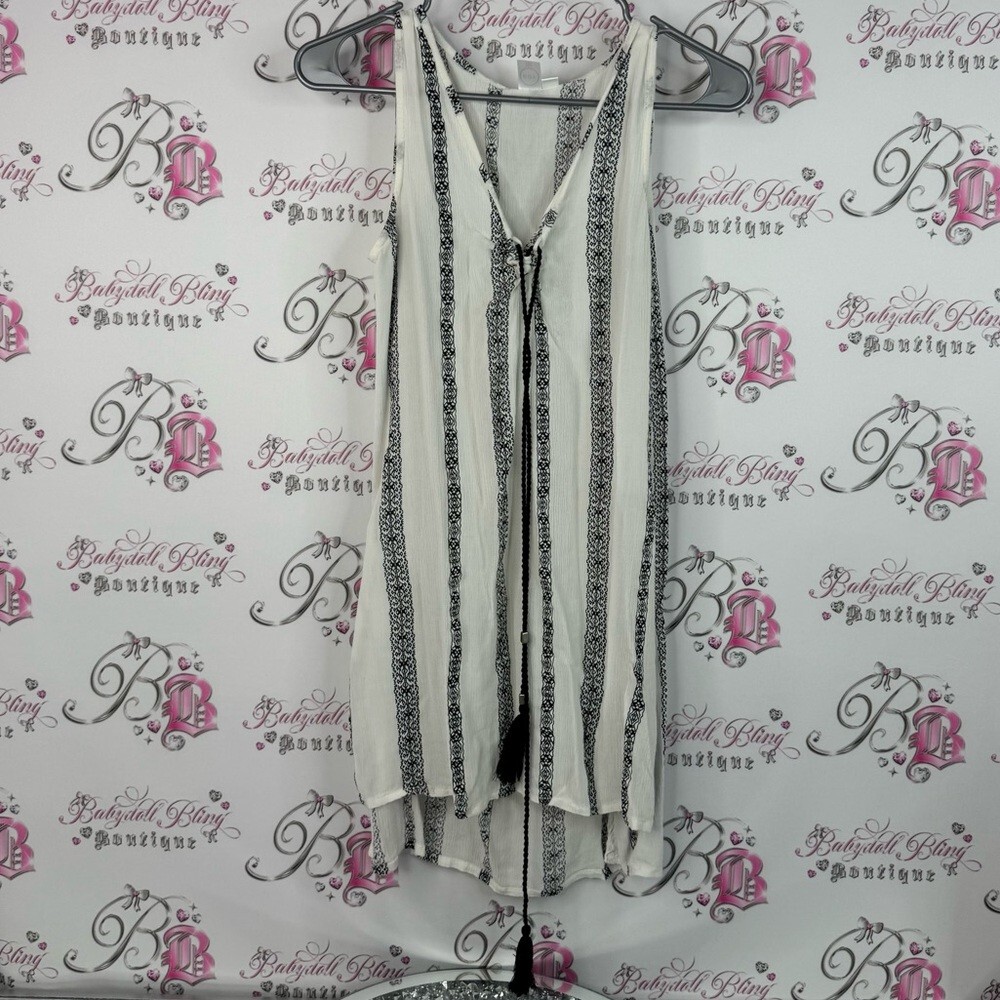 Koy resort tank top long style tassle ties  Black White Striped Sleeveless Top